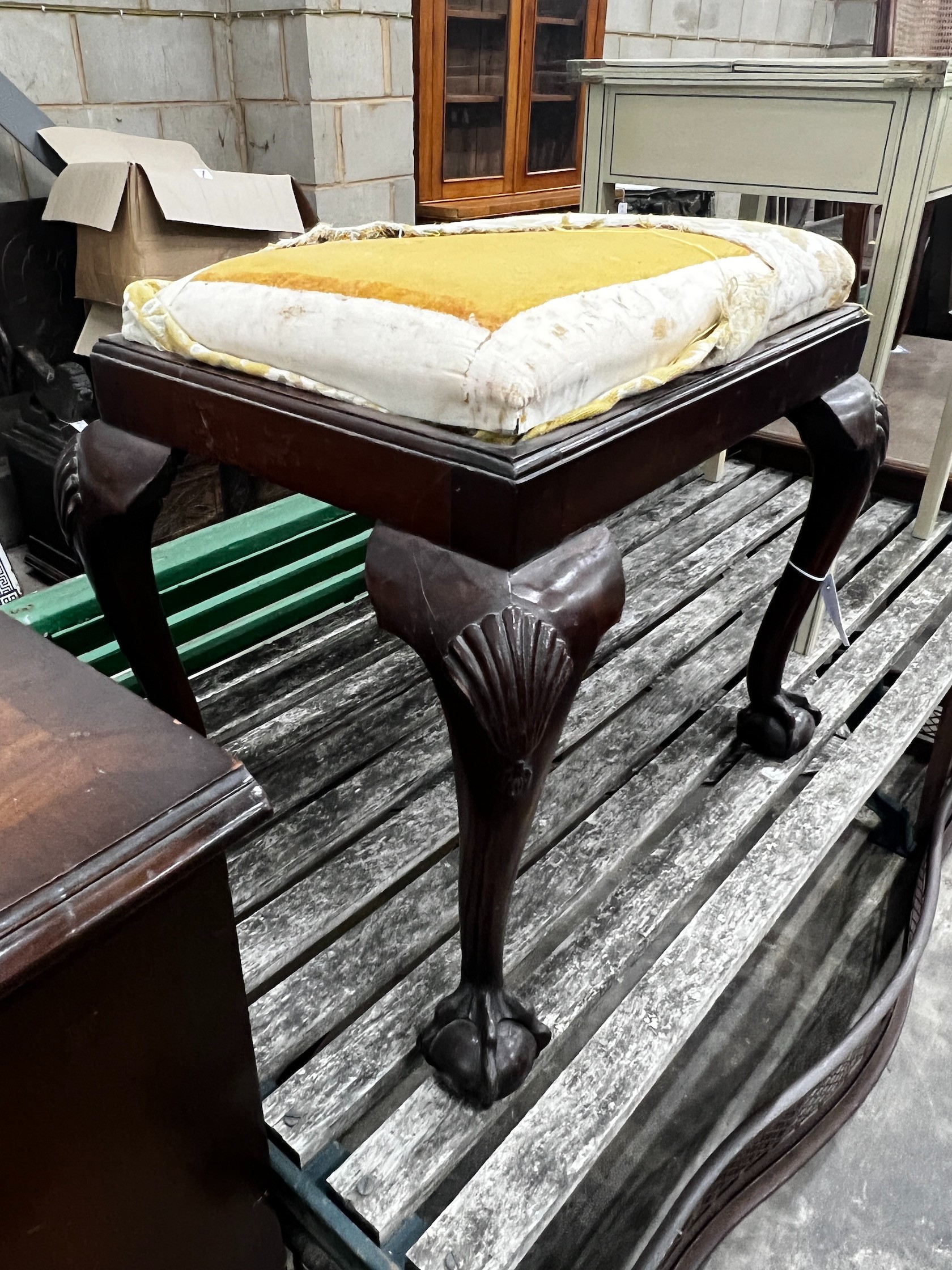 A George I style mahogany dressing stool, width 57cm depth 43cm height 51cm